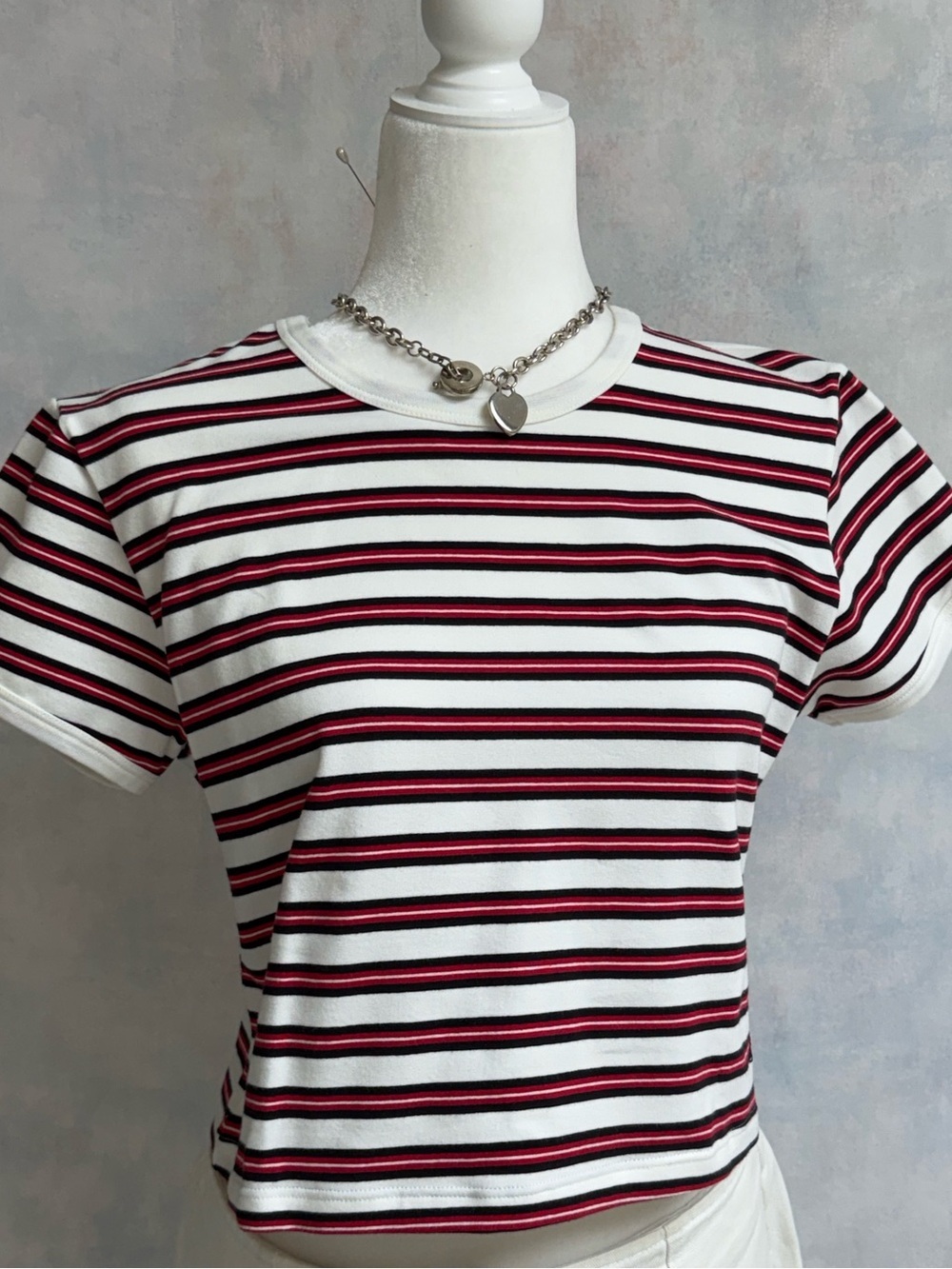 NWOT Reebok Red White & Black Striped Cotton / Spandex Short Sleeve Tee Crop Top
